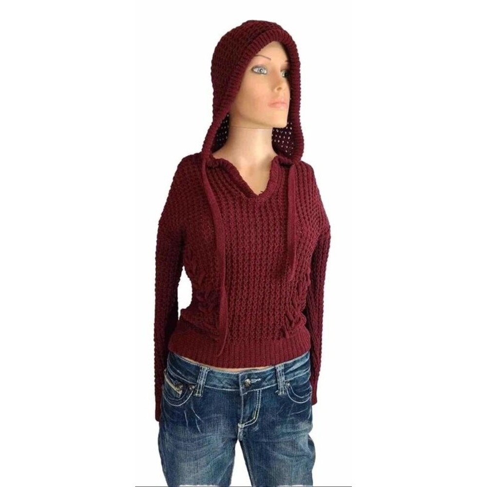 Sz Small No Boundaries Red Hooded Pullover Hood Chunky Knit Long Crop Stretch